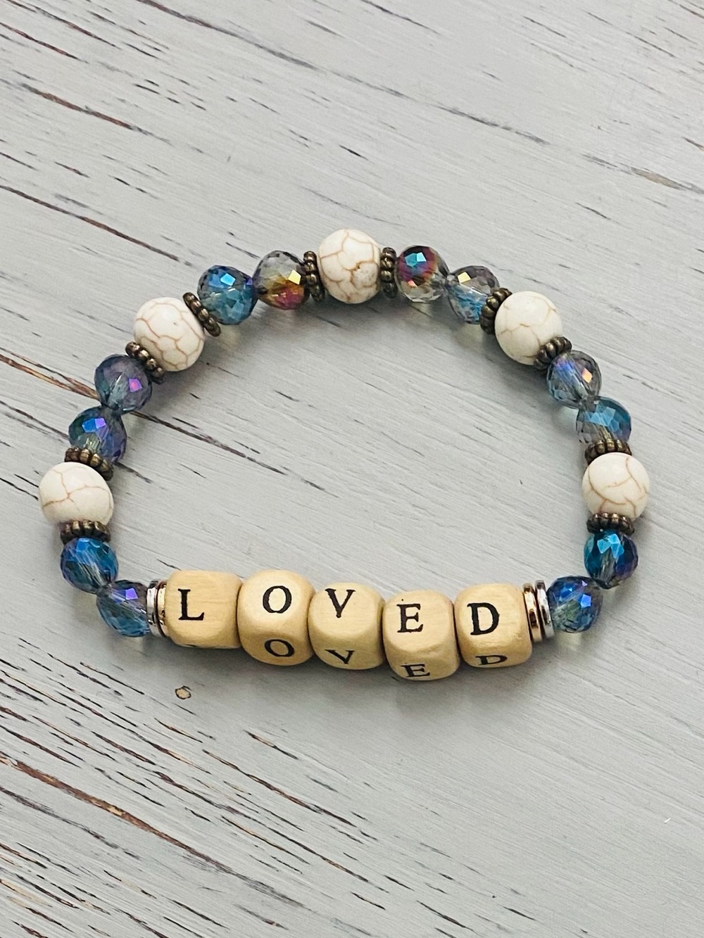 Inspirational 'Loved' Beaded Stretch Bracelet in Blue and White